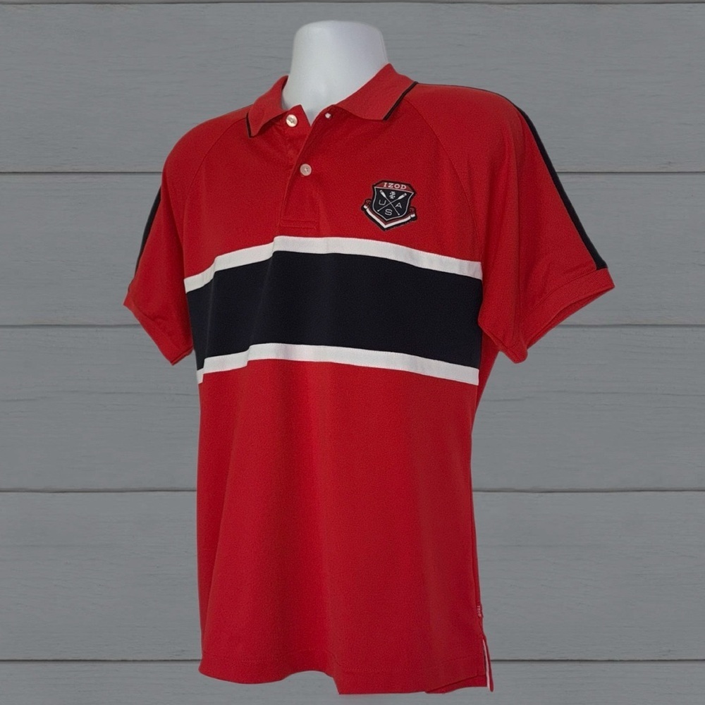 IZOD Men’s Medium Polo Shirt Red Navy Stripe Crest Logo Short Sleeve